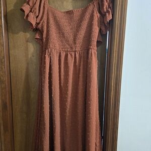 Rust Orange Smocked Dress with Ruffle Sleeves